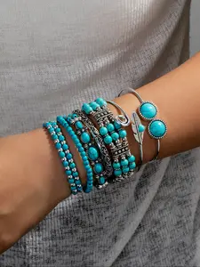 Women's Fashion Vintage Turquoise Beaded Bracelet Set, Elastic Geometric Pattern Metal Feather Open Design, Daily Wear Jewelry Accessories, Stacking Options, Open Cuff Design, Exquisite Bracelet
