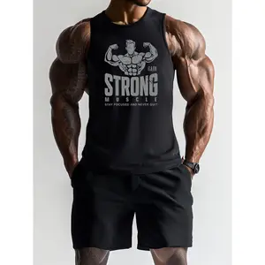 Men'S Sleeveless Athletic Tank Top - Breathable, Stretchy Polyester, "Strong Muscle" Graphic, Round Neck, Machine Washable - Ideal for Gym, Fitness, Spring & Summer Workouts, Workout Apparel|Motivational Workout Gear|Breathable Polyester, Gym Clothes, Gym