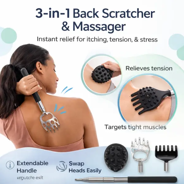 3-in-1 Extendable Backscratcher Back Massager for Adults - 6.75” x 0.5” Manual Beauty & Personal Care Tool, Telescopic Handle, Interchangeable Heads, Compact Storage, Adjustable Reach, Muscle Therapy