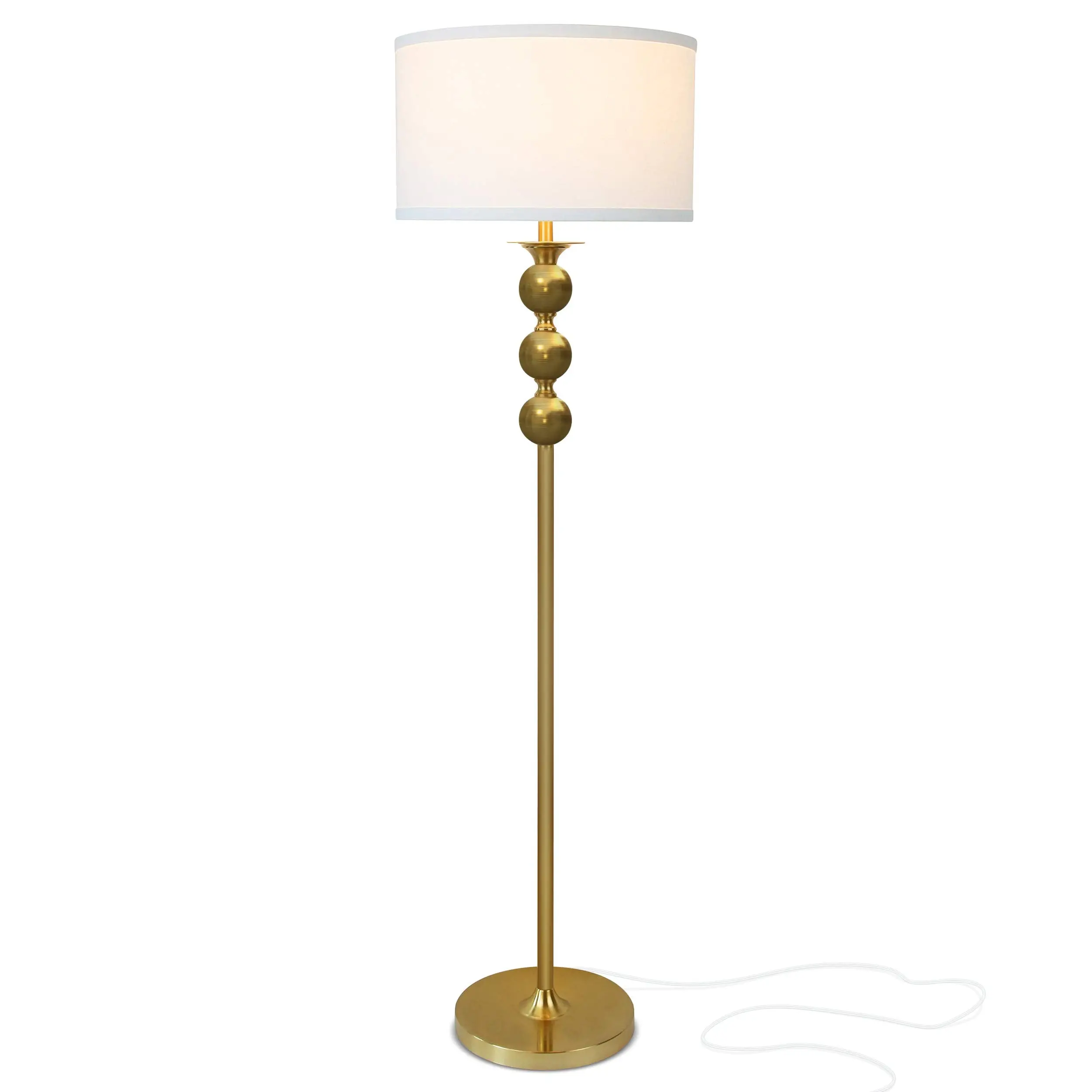 Brightech Riley LED Floor Lamp - Elegant Boho Mid-Century Standing Lamp with Tall Drum Lampshade, Brass Frame for Living Rooms, Offices - Gold-Brass, Led Lights