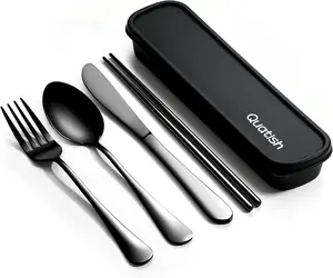 Travel Utensils with Case, Quatish 5 Piece Stainless Steel Silverware Set for Work, Portable Reusable Travel Cutlery Set, Fork and Spoon Set for Picnic, Camping, Gadgets, Lunch Box for Men, Black