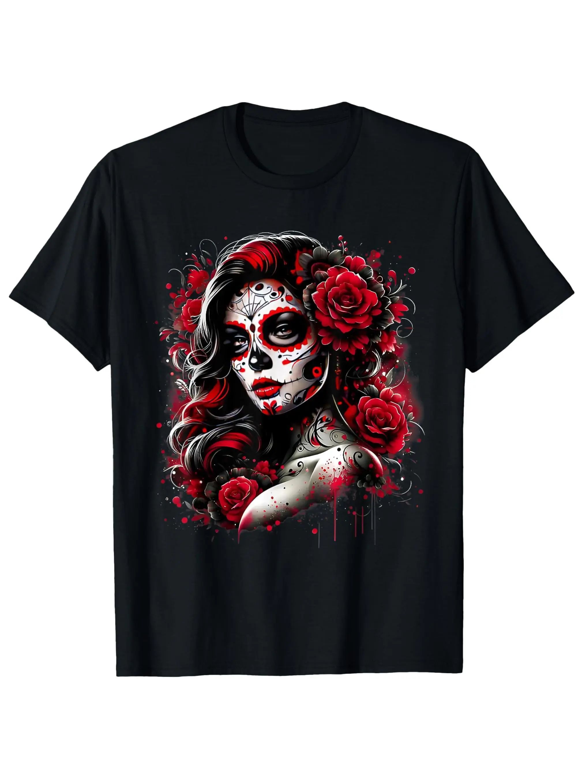 Men's La Catrina Sugar Skull T-Shirt, Casual Streetwear Graphic Top in Knitted Cotton with a Round Neck and Short Sleeves