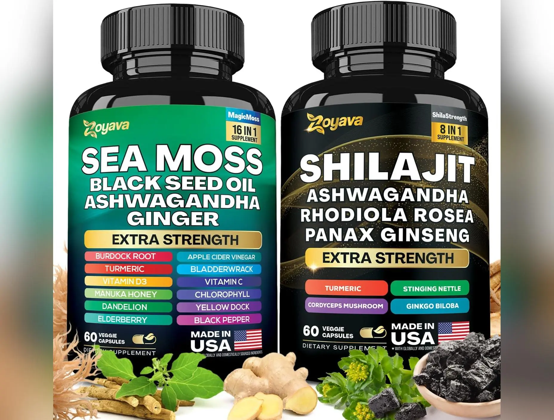 Sea Moss and Shilajit Bundle, Sea Moss 7000Mg, Black Seed Oil 4000Mg, Ashwagandha 2000Mg, Ginger & Shilajit 9000Mg, Rhodiola Rosea 1000Mg, Panax Ginseng (60 Count)