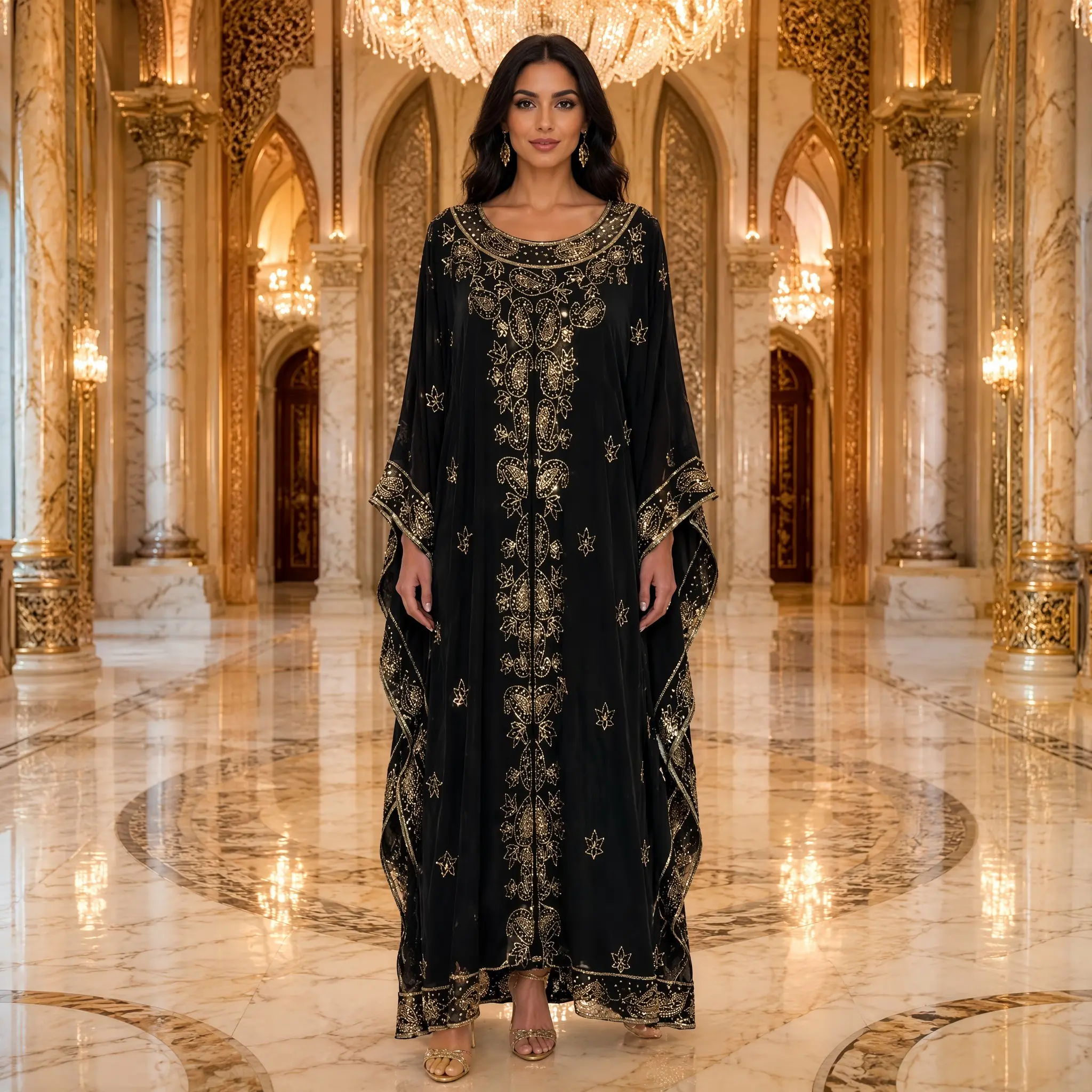 Luxury Embroidered Sequin Kaftan Abaya | Beaded Cape Maxi Dress for Eid & Evening