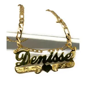 Gold Plated Silver CUSTOMIZED CURSIVE with HEARTS Nameplate Necklace With Chain