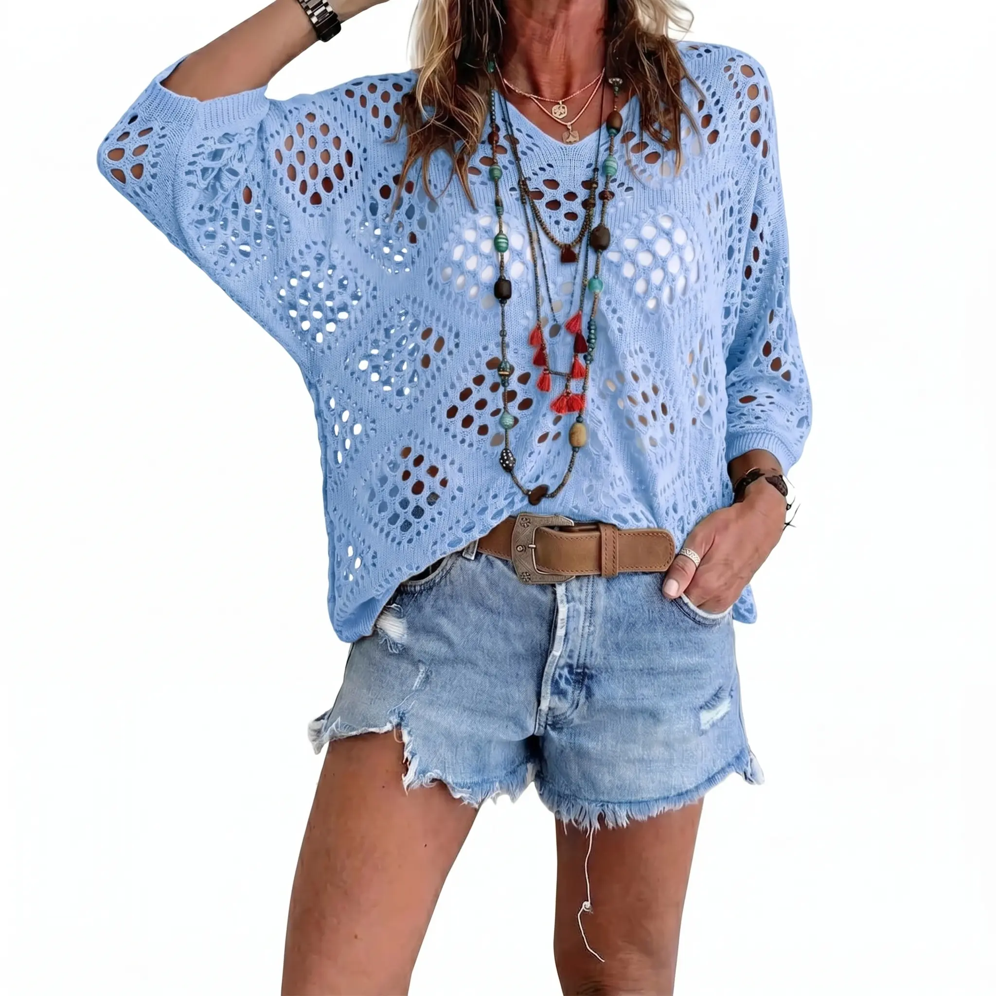 Women's Boho Crochet Knit Top 100% Cotton V Neck Long Sleeve Hollow Plus Size Out Lightweight Pullover Over-Sized Sweater Beach Cover Up