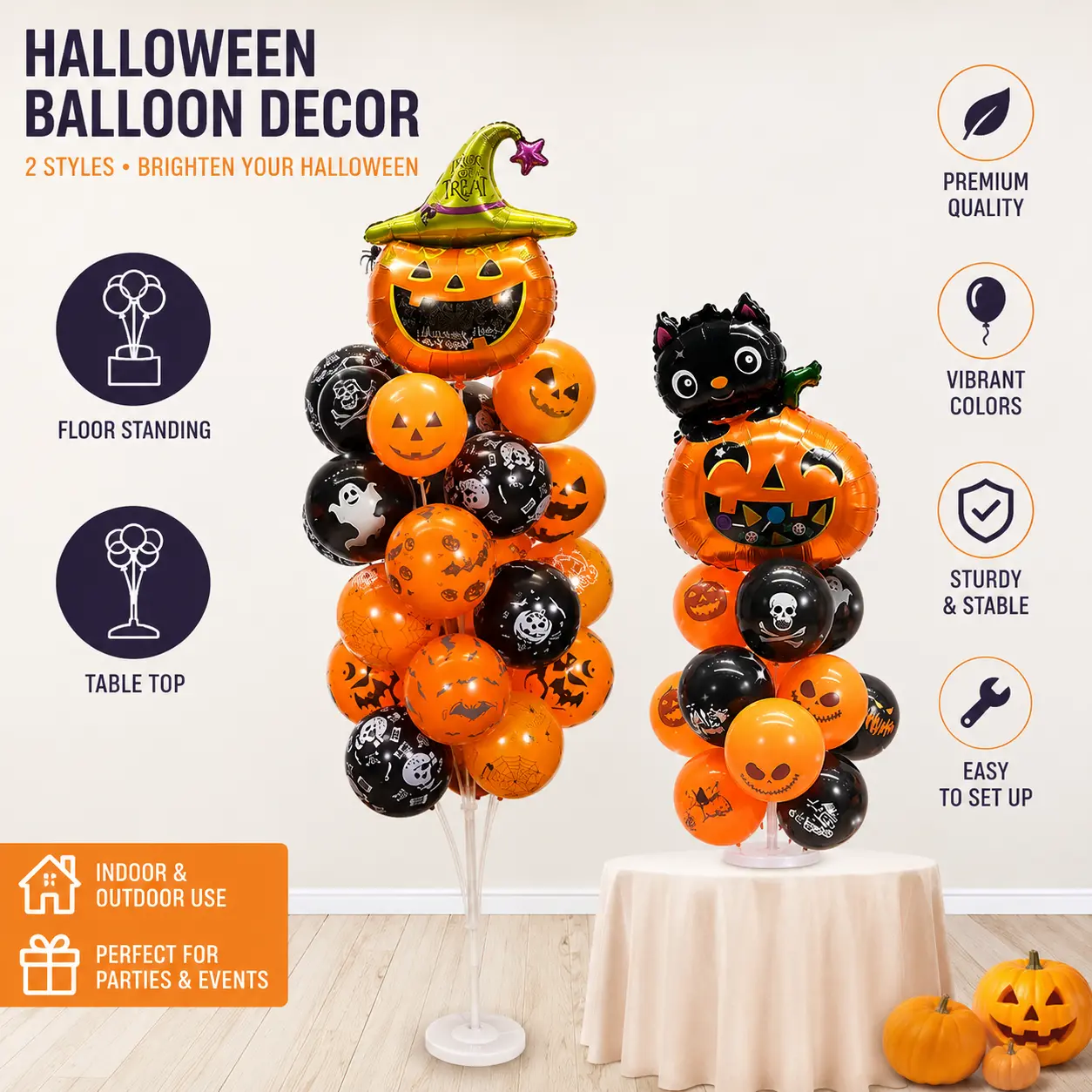 Halloween decorating Set - Light-Up Pumpkin Ornaments, Bat Table Balloons, Bat Floor Balloons - Festive Home Party, Mall  ghost decoration