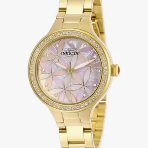 Invicta Women’s Watch - Diamond Flower Design - Gold tone stainless steeled band - Pink/Purple Dial