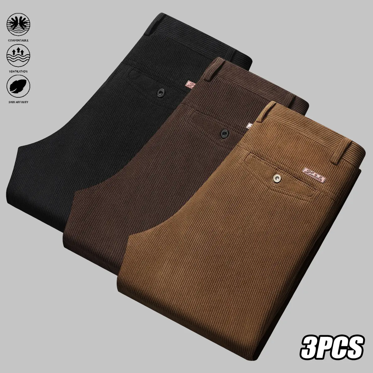 3-pack men’s dress pants, corduroy texture, versatile straight-leg fit, comfortable and stretchy, business trousers, casual pants, formal long pants, suitable for business and everyday wear, menswear, men’s long pants, long pants