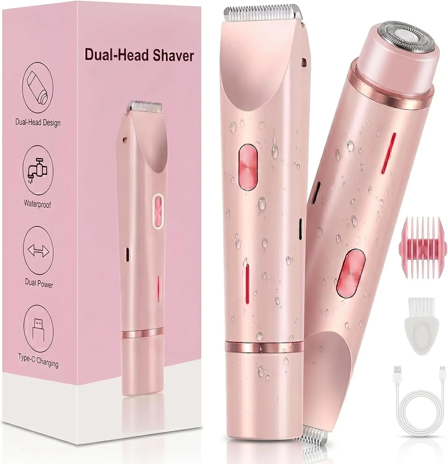 Women's Glow Aura 2-in-1 Pink Electric Trimmer & Comb - Electric Shaver Women 2026 Dual Bikini & Facial Razor, Pain-Free Rechargeable Battery Shaver, Replaceable Head for Gentle Daily Hair Removal & Smooth Skin, Gift Stainless Steel