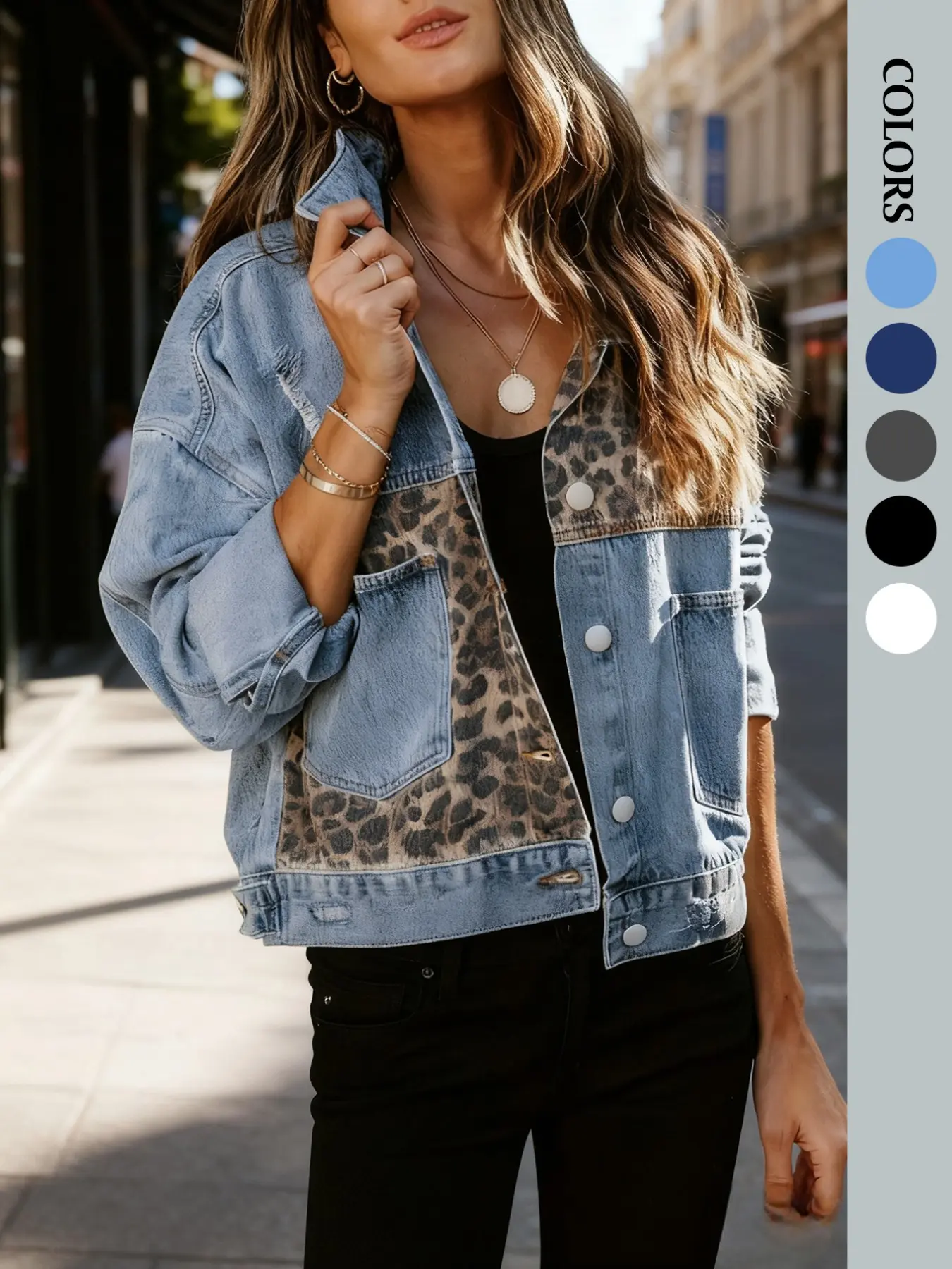 Women's Buttoned Distressed Leopard Print Denim Jacket, Washed Effect, Long Sleeve, Ripped Design, Fashionable Cheetah Pattern Patchwork