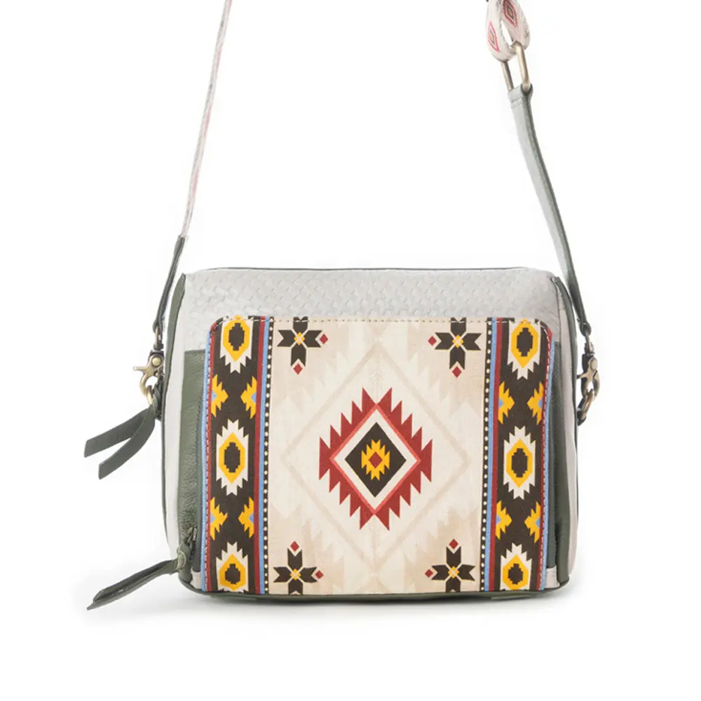 Women's Western Tapestry Crossbody Bag with Leather Trim and Geometric Diamond Motif, Small Casual Shoulder Purse with Wide Strap, Leather Cotton, Tapestry Art