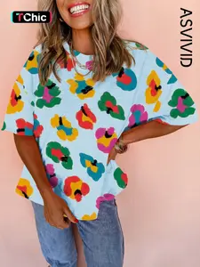 Women's Leopard Print Drop Shoulder Oversize T-Shirt, Casual Round Neck Loose Top for Summer, Ladies Casual Clothes