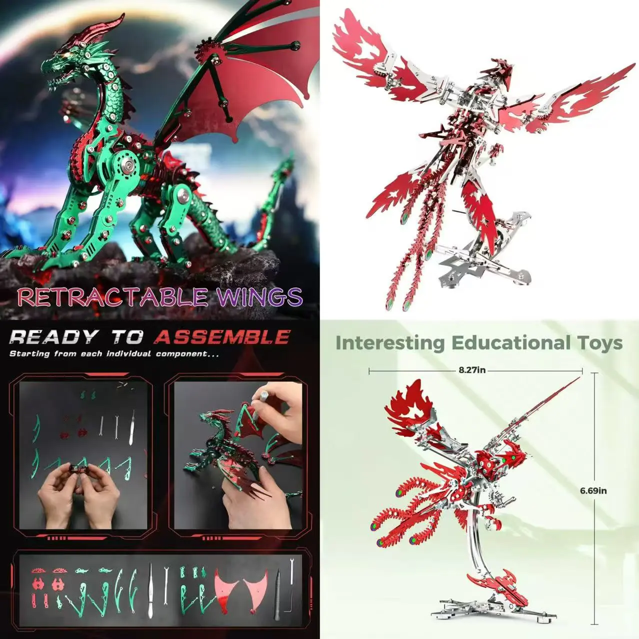 #tiktokshopmemorialday  Emerald Dragon & Vermilion Phoenix Chinese Myth Metal Model Kit - Christmas Collector's Build Set （The set comes with an instruction manual and tools.） Building Blocks