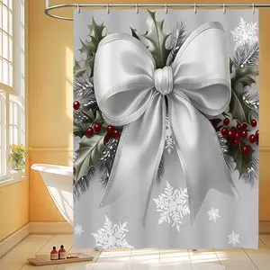 1pc Elegant White Bow Shower Curtain with Holly Leaves Red Berries & Snowflakes - Muted Gray Sparkly Design Machine Washable Polyester 66x72 Inches Hooks for Easy Installation Bathroom Decor Elegant Shower Curtain Sophisticated Craftsmanship