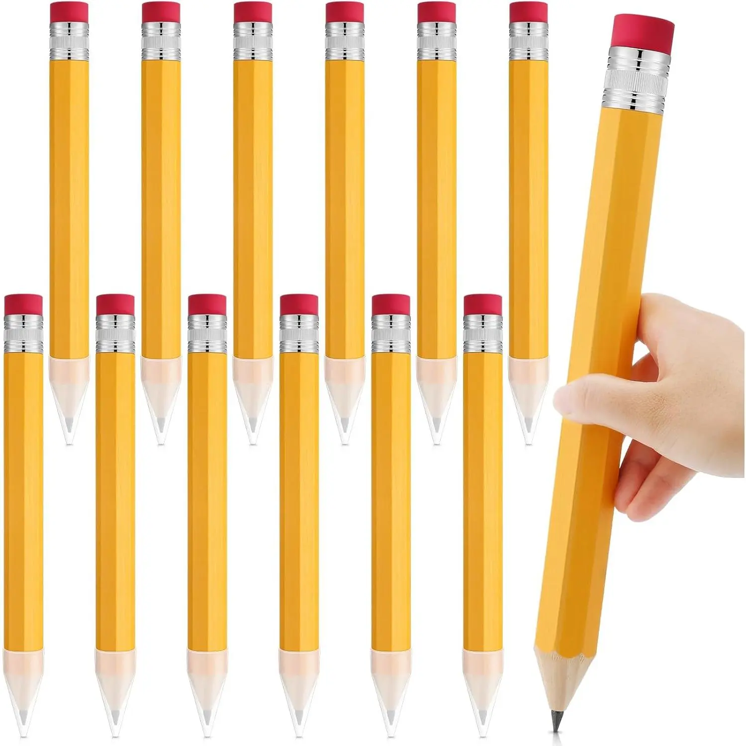 12-Count Giant Wooden Pencils (14in) - Office Stationery Supplies with Wooden Body, Erase Tip, Funny Look, Yellow Finish for Party Favors