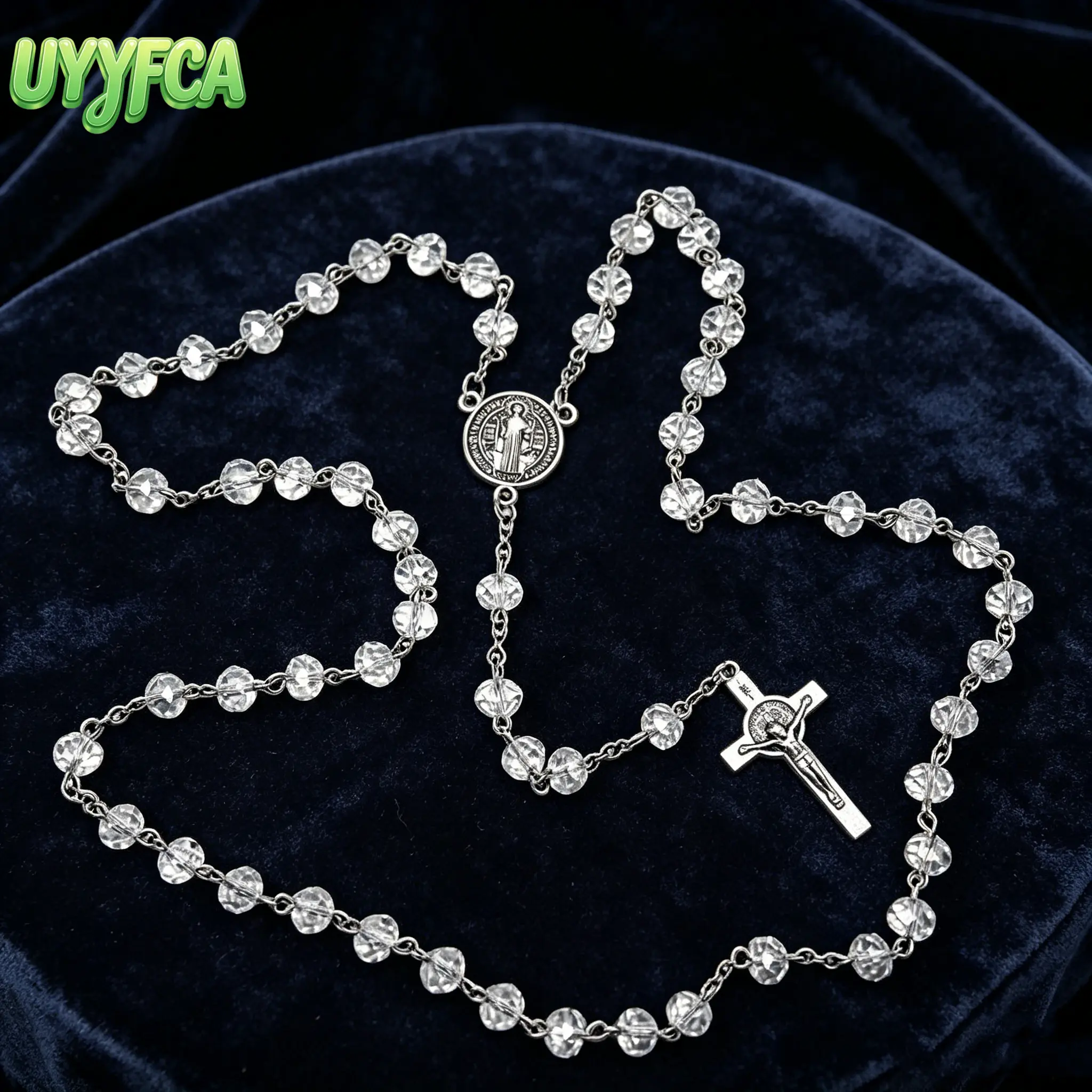 UYYFCA Catholic Crystal Rosary Necklace with Saint Benedict Medal, Silver Crucifix and Clear Beads, Christian Prayer Beads for Religious Ceremonies, Daily Devotion, Baptism and First Communion Gifts beach outfits summervibes,summerwins