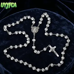 UYYFCA Catholic Crystal Rosary Necklace with Saint Benedict Medal, Silver Crucifix and Clear Beads, Christian Prayer Beads for Religious Ceremonies, Daily Devotion, Baptism and First Communion Gifts beach outfits summervibes
