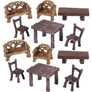 12 Pieces Garden Furniture Ornaments Miniature Table and Chairs Set Village Micro Resin Bench Chair for Dollhouse Accessories Home Micro Landscape
