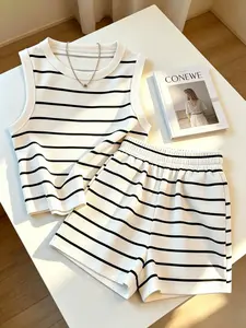 Striped Sleeveless Tank Top and Shorts Set, Chic, Casual Lazy Wear, Home Relax, Daily, Short Trip, Light Vacation