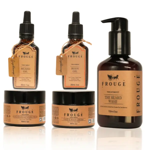 Frouge Full Grooming Routine for Men – Beard Wash, Beard Oil, Face & Beard Cream, Body Oil & Face & Body Cream – Complete Beard & Skin Care Set with Argan Oil & Vitamin E