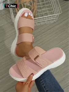 A pair of new large-size women's open-toe thick-soled sandals with Velcro decoration, slip-on, Quilted Slide Sandal, simple and comfortable for everyday wear, lightweight and versatile wedge-heeled thick-soled sandals