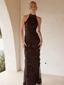 New Solid Color Women's Tie Back Round Neck Sleeveless Backless Embroidered Bodycon Dress, Elegant Party Dress for Women