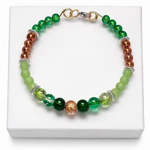 Golden Days Handmade Acrylic and Glass Beaded Bracelet on Gold Wire with Green and Copper Beads