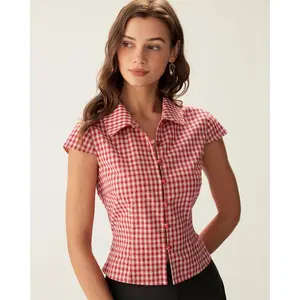 Rihoas Women's Fitted Red Plaid Short-Sleeve Button-Down Polyester Blouse - Cap-Accent, Hip-Flattering Fabric Top for Casual Office Wear