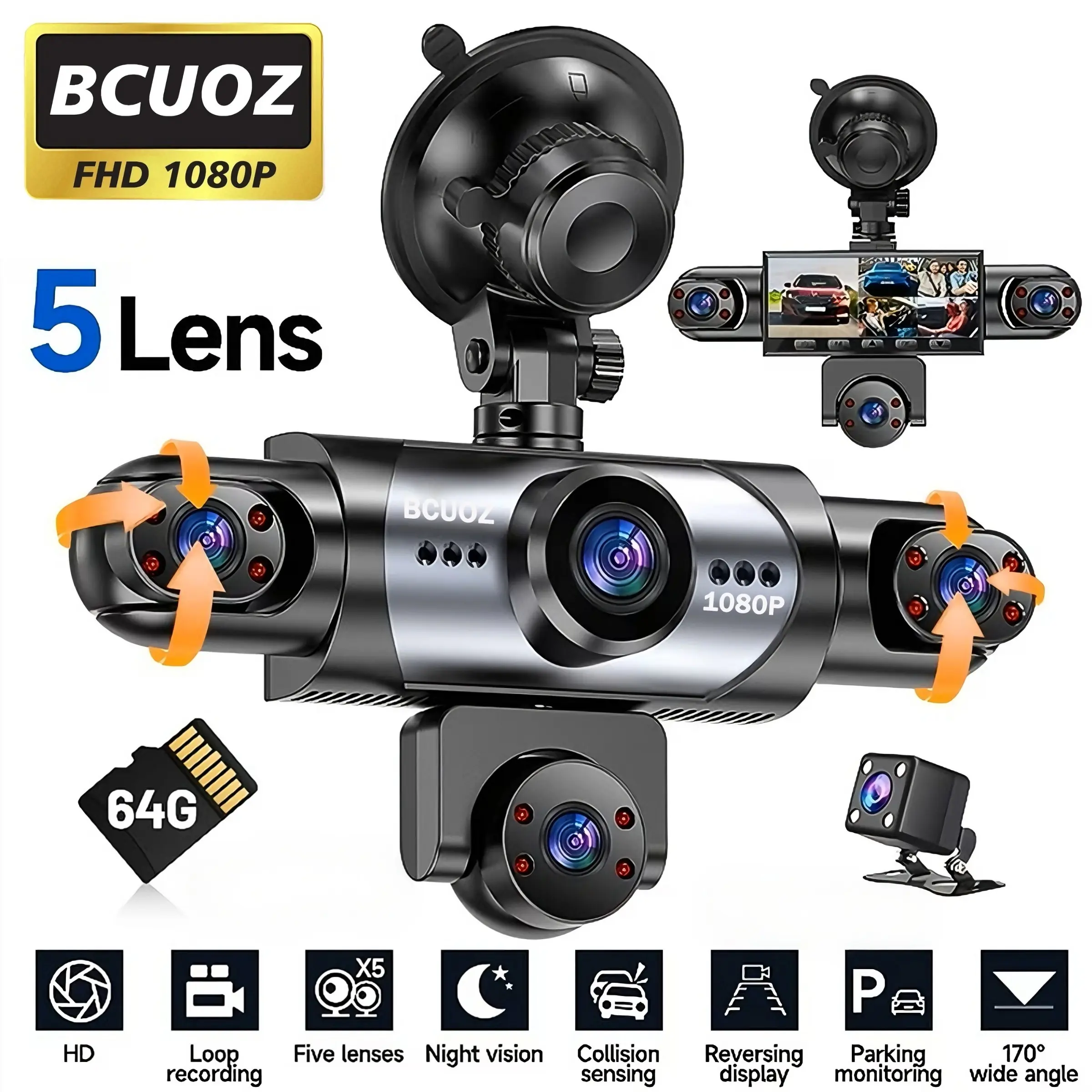 2026 Latest Model, Panoramic Five-Lens Dash Cam, Car dash cam, Dashcam For Cars, Automotive Dashcam, 1080P Full HD, Wide Angle, Night Vision, Loop Recording, Emergency Lock, IPS Screen, Easy Operation