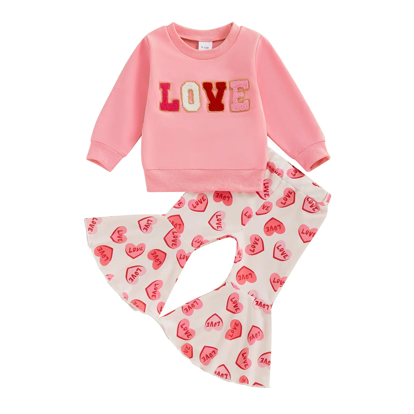 Toddler Baby Girls Valentines Day Outfits Love Long Sleeve Sweatshirt Tops Heart Print Flared Pants Spring Winter Warm Sets