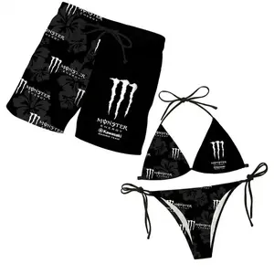 Matching Monster Floral Couple Swimwear Sets - Women's Swim Bra & Tie-Side Thong Bikini, Men's Beach Shorts, Summer Vacation Hawaiian Sports Swimwear