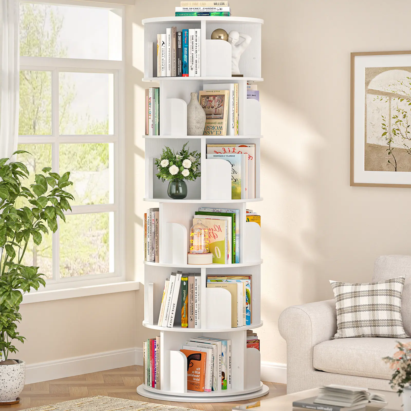 iSunirm 6-Tier 360-Degree Rotating White Oak Bookshelf Rack, Round Narrow Rolling Corner Shelves with Adjustable Height Display, Screws Included for Small Room Ideas Storage Organization, Dorm Essentials Home Decor for Collectibles