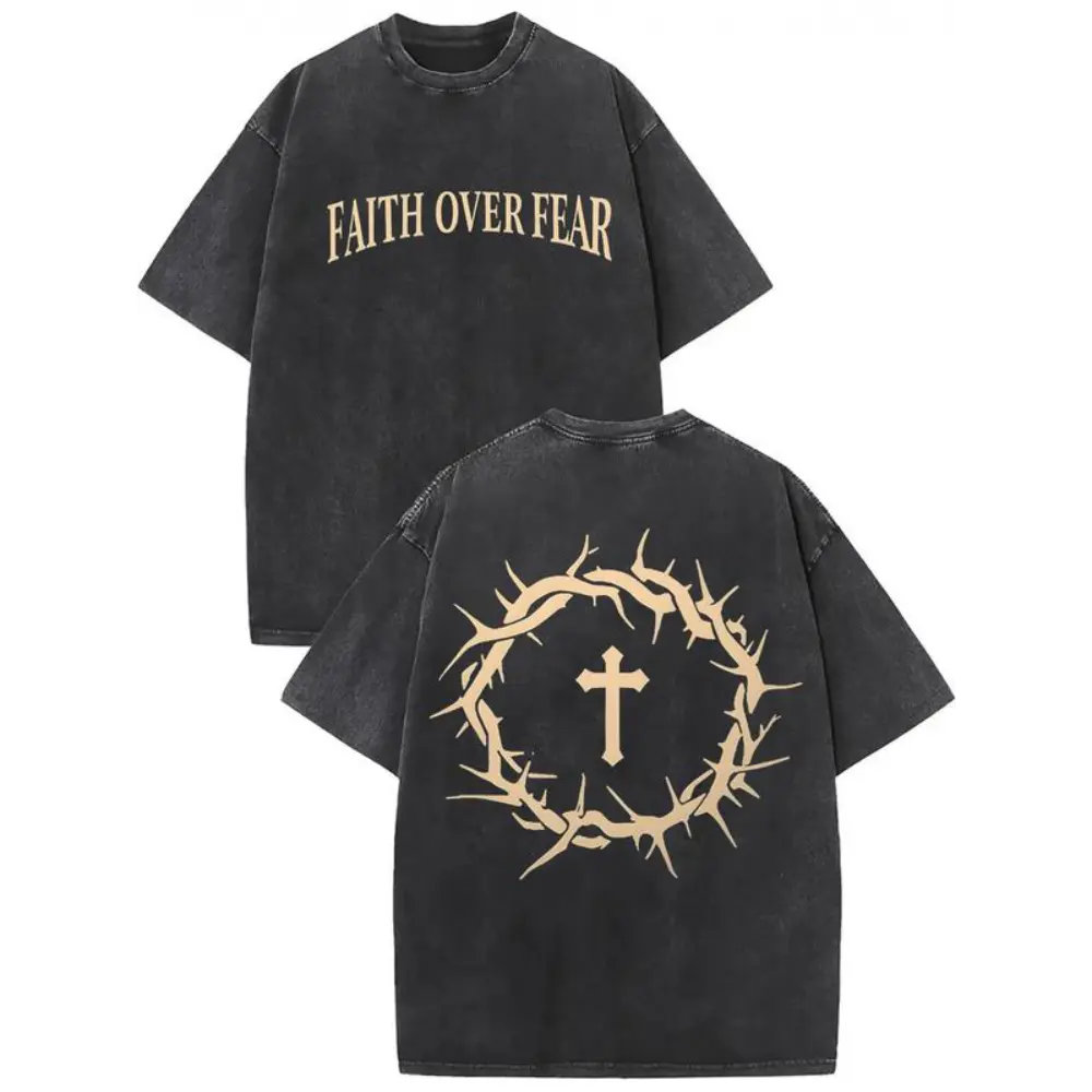 Men's Graphic T-Shirt, Vintage Washed Cotton 'Faith Over Fear' Print with Drop Shoulder Short Sleeves, Casual Summer Top, Shortsleeve, Menswear, Round Neck, Casual Style Tee, Crew Neck