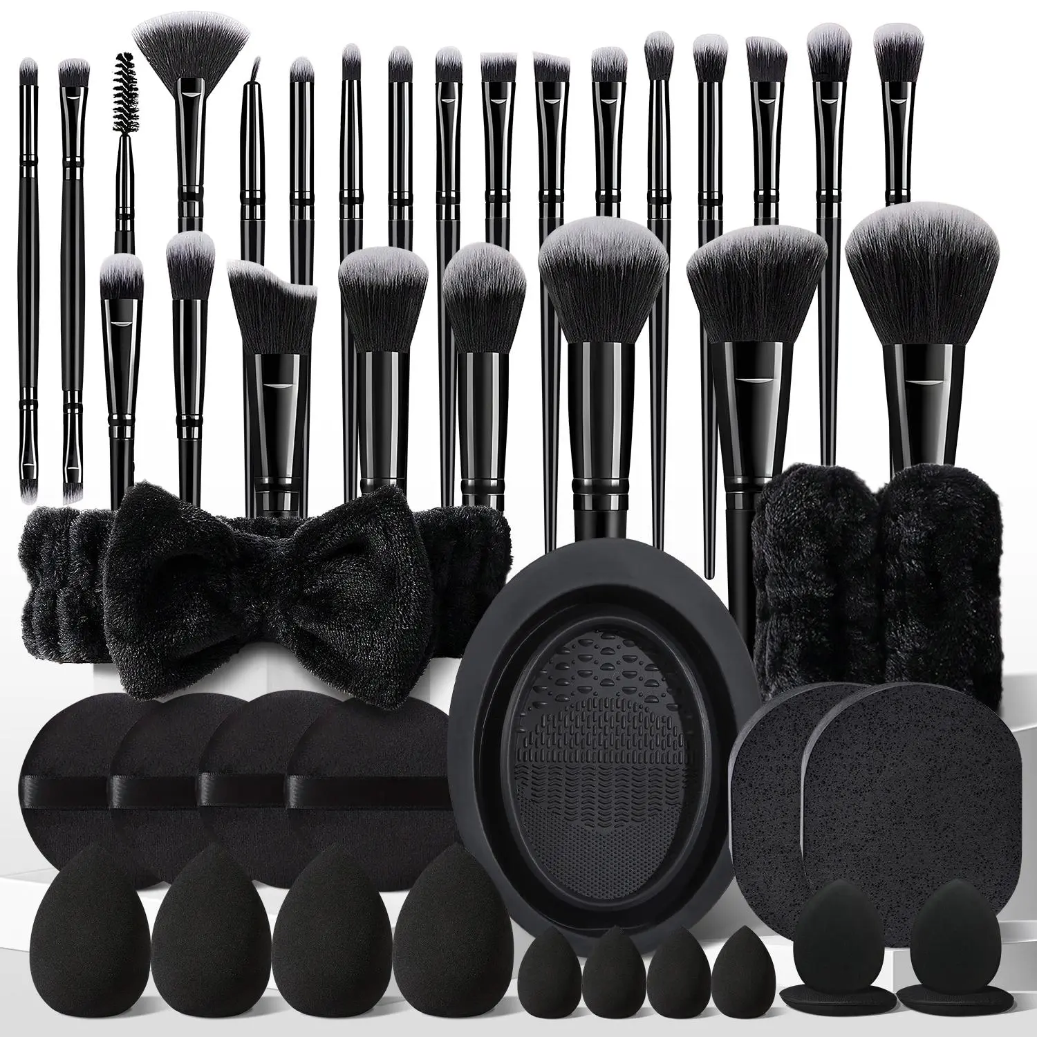 Makeup Brush Set (47pcs/set), Cosmetic Brushes, Makeup Brushes Kit, Makeup Sponges & Puffs & Brush Cleaner Bowl & Headband & Wristbands & Facial Cleansing Sponges, Professional Makeup Tools for Women, Cosmetic