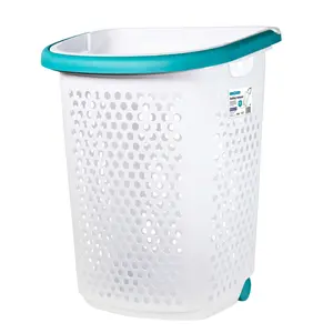 Rolling Plastic Laundry Hamper with Pop-up Handle, White, Adult / Tween Adjustable Rolling Laundry Basket with Rack Wheeled White Plastic Laundry Hamper
