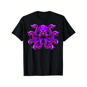 Men's Cthulhu Octopus T-Shirt - Black 100% Cotton Short Sleeve Crew Neck Tee with Purple Marine Artwork for Ocean Life & Horror Fans Menswear Tshirt