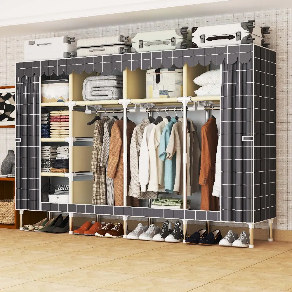 Large Portable Wardrobe Closet with Dust Cover, Double Hanging Rods & Storage Shelves for Bedroom