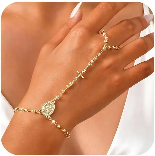 Gold Rosary Hand Chain Bracelet - 14k Gold Plated Virgin Mary Ring Bracelets,Non Tarnish Dainty Golden Rosarios Catolicos Hand Chains Jewelry,Trendy Religious Rosary Beads Hand Bracelet Gift for Women
