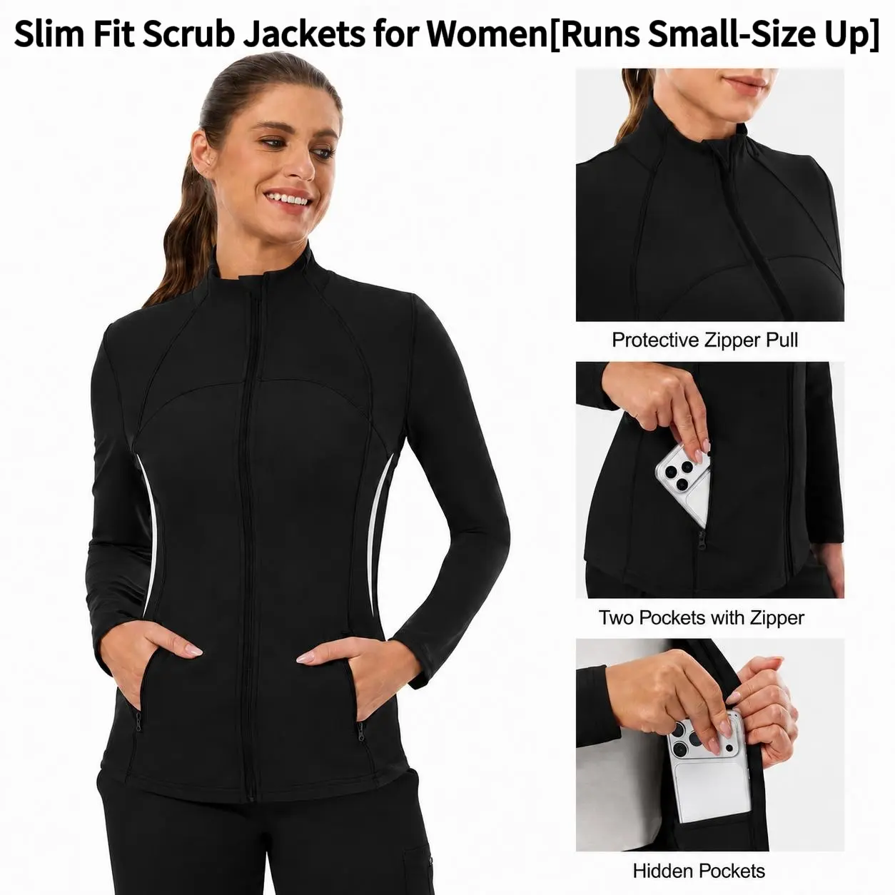 Scrub Jackets for Women, Zip Front Lightweight Slim Fit Nurse Tops with 4 Pockets, Princess Seams,360 Stretch Fabric[Runs Small — Size Up]