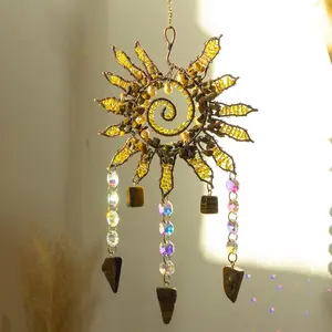 Suncatcher Window  Ornament, with , Tiger's Eye Stones and Prism Sun Catcher Chains, Handcrafted Art Decor for  & Garden