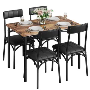 YJ-Garvee 5-Piece Dining Table Set for 4 with Upholstered Chairs, Rectangular Kitchen Table Set Ideal for Small Spaces, Apartments, Studios, Rustic Brown Finish
