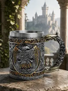The Armored Kingdom Eagle Wings of High Honor 14oz Mug Antique Silver & Gold Tumbler with Golden Talon Handle Sturdy Stainless Steel Medieval Drinkware Round Table Gift