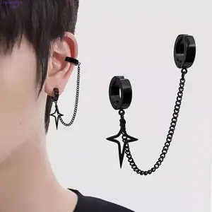 Unisex Stainless Steel Clip-On Earrings - Non-Piercing Chain Ear Cuffs, Secure Bold Studs Earrings, Men's Edgy Hip Hop Streetwear Jewelry for Daily Casual Outings