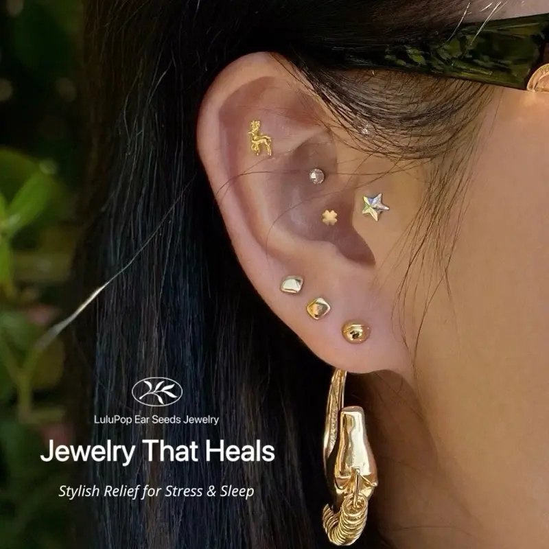 LuluPop Ear Seeds Jewelry Stickers – Ear Seeding Jewelry Non-Piercing Ear Studs | Fashion clip-on Earrings for Stress Relief, Migraine, Focus, Anxiety | For Women & Girls; Daily Wear, Party, Travel, Gifts, ear seed patches Magnetic earrings