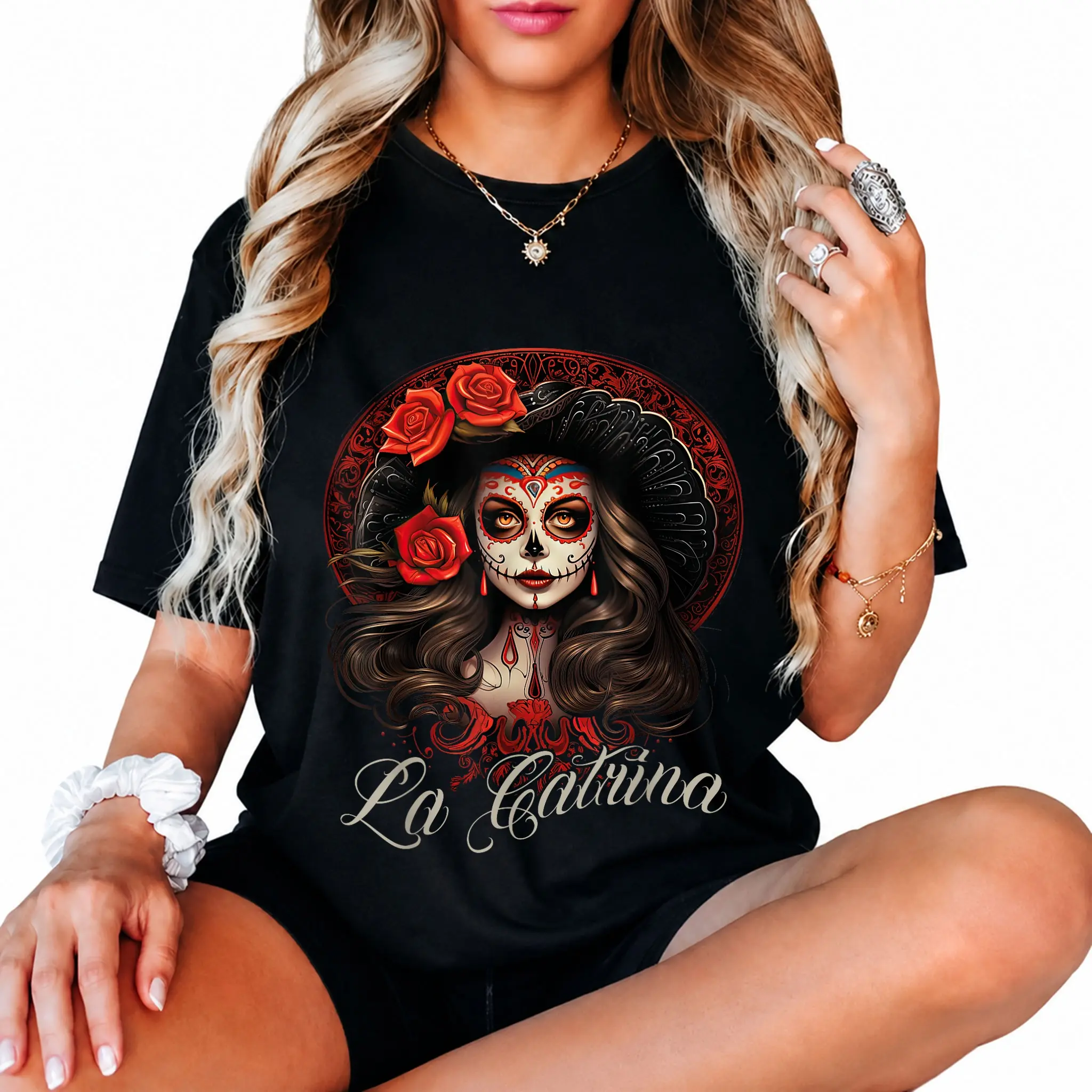 La Catrina Graphic T-Shirt for Women, Distressed 100% Cotton Casual Streetwear Clothes with a Crew Neck and Short Sleeves for Everyday or Halloween, Wide Range Of Sizes, Tshirt, Graphic Print, Playful, Distressed Look
