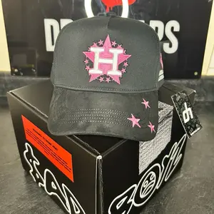 Dandy Hats x Junior Clave Ali Black Cap with Pink Star and White 'H' Logo Design Unisex Fashion Hat with Red Inner Lining Drop 2024 SAD CITY