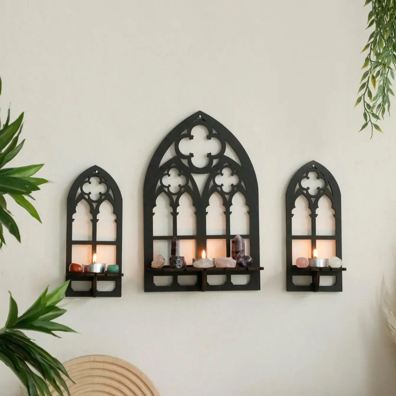 Wooden Hollow Design Wall Shelf, 3 Counts Vintage Gothic Wall Decor for Candle Ornament, Rustic Wall Decoration for Bedroom Living Room