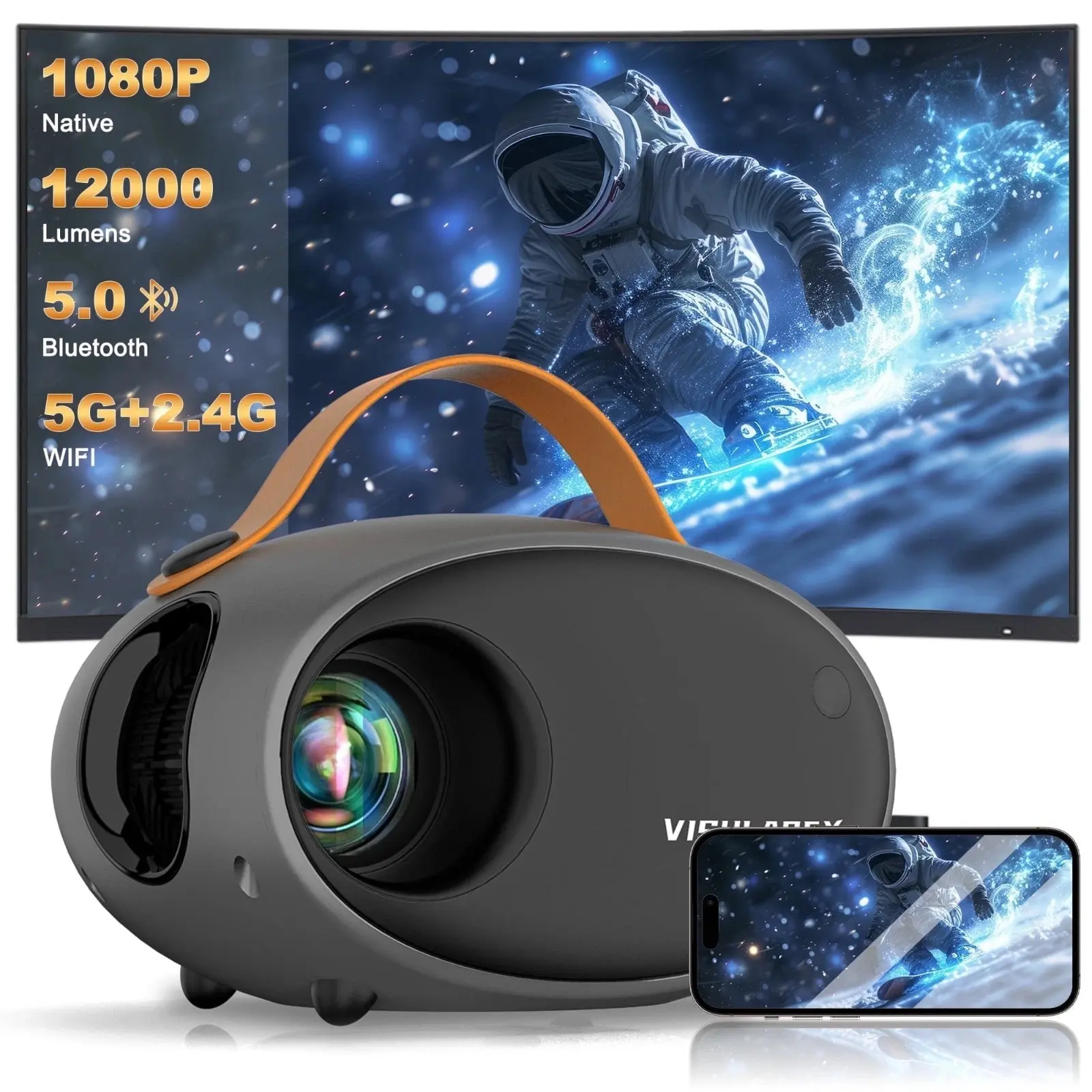 VISULAPEX V2 5G WiFi HD 1080P Portable Projector Bluetooth, Zoom Function, for iPhone Outdoor Home Theater