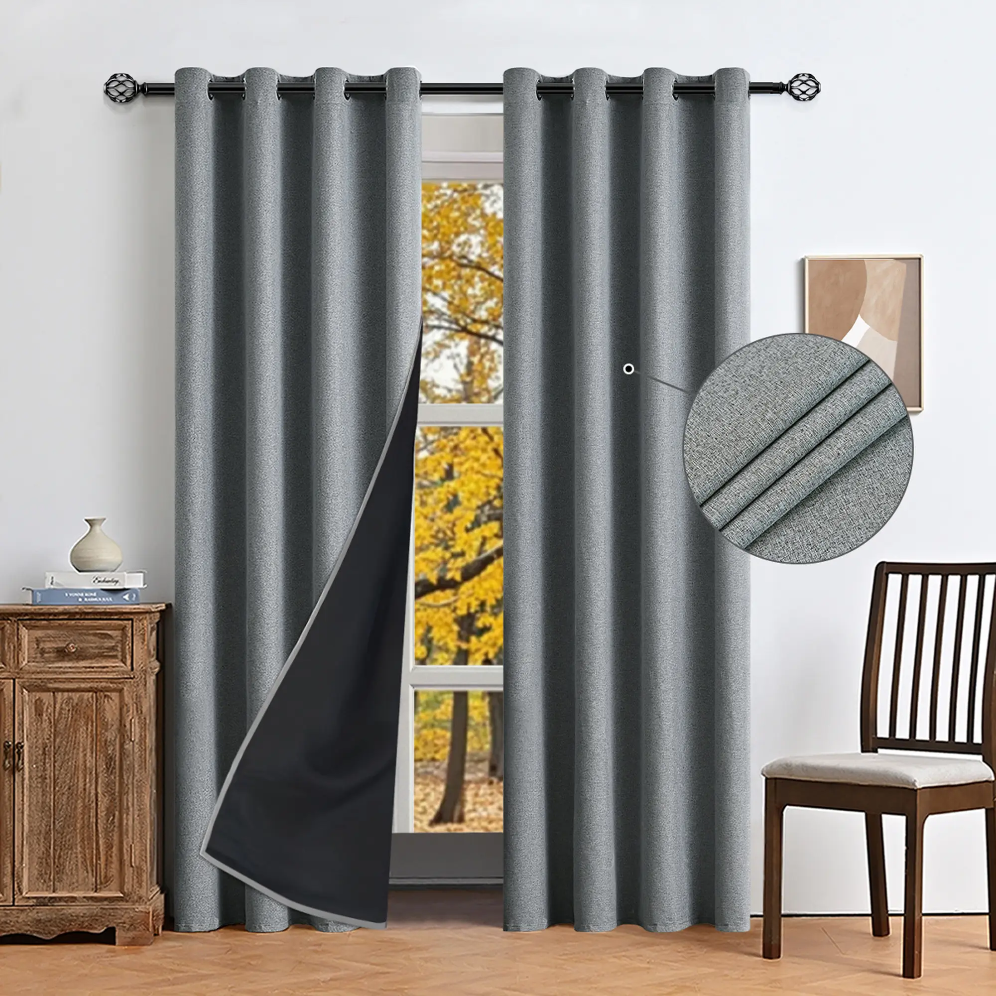 1pc Budget-Friendly 100% Blackout Window Cover Linen Blend Curtains with Coating, Grommet Top, Black Backing, Heavy Duty Light Blocking, Noise Reducing, Ideal for Bedroom, Living Room & Home Theater, Year-Round Essential, Privacy Grommet Curtains